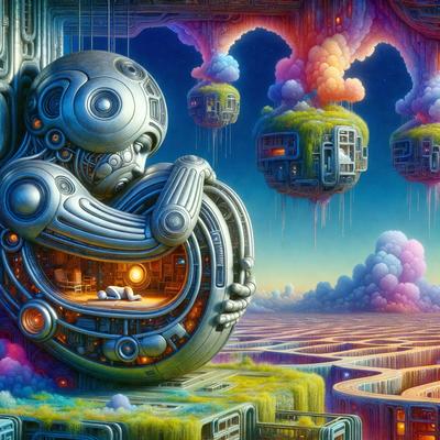 The primary subject of the image is a large robotic sculpture, which is the main focus of the scene. The robot is positioned in a futuristic setting, surrounded by a variety of buildings and structures. The visual style of the image is digital art, as it appears to be a computer-generated or digitally rendered scene. The colors and mood of the image are vibrant and dynamic, with a mix of bright and dark hues that create a sense of excitement and wonder.